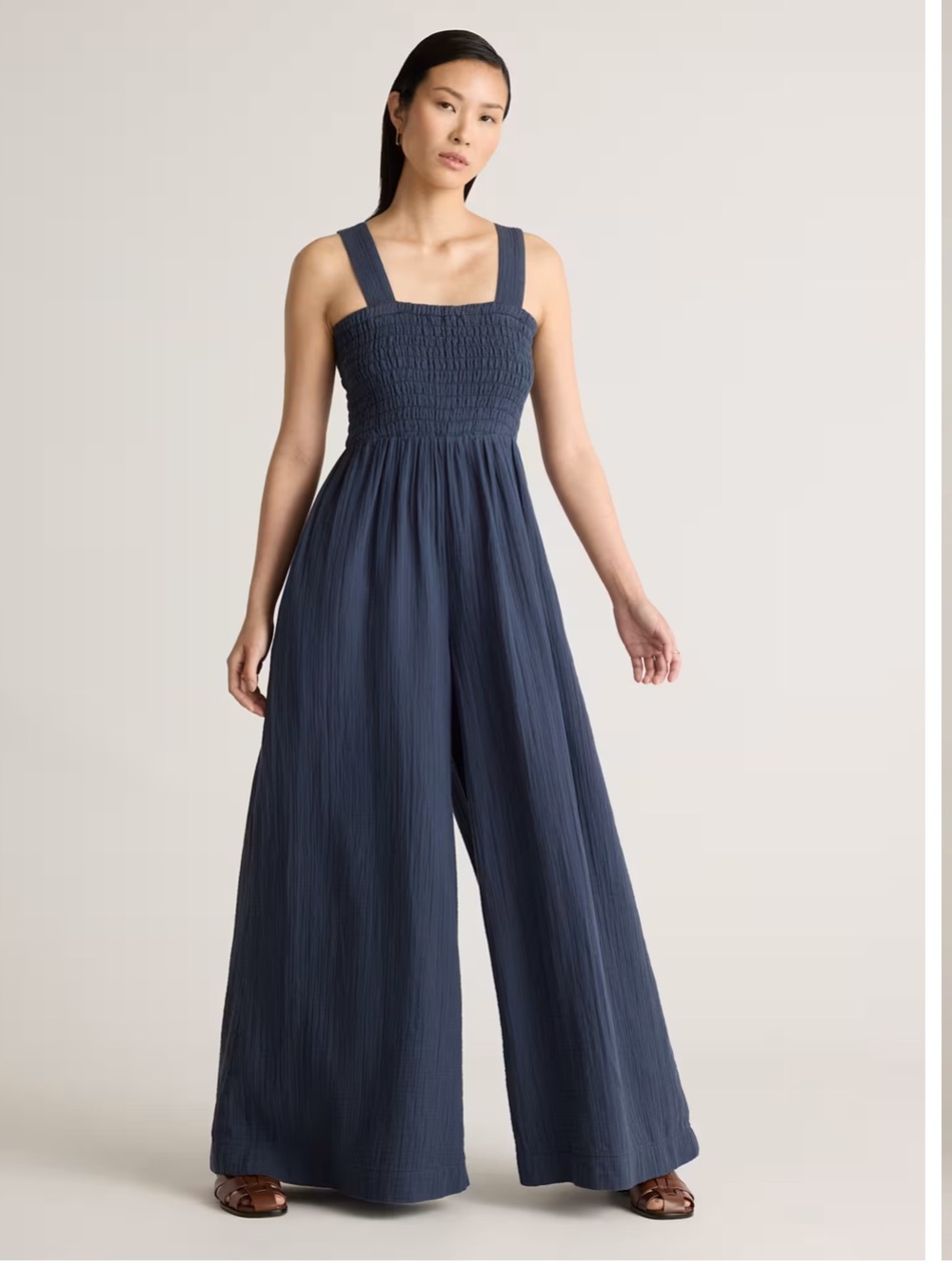 100% Organic Cotton Gauze Smocked Wide Leg Jumpsuit in Navy